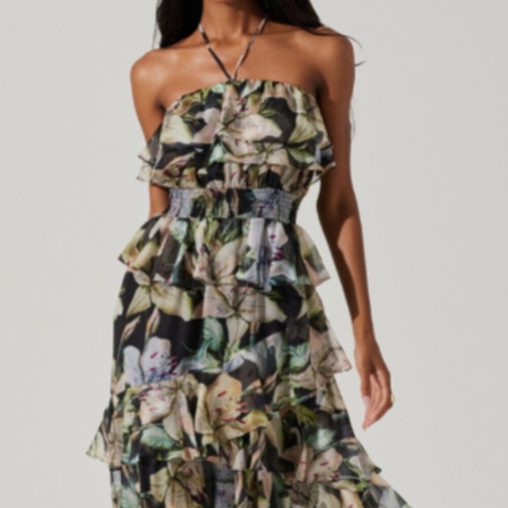 NEW ASTR Elena Floral Halter Neck Dress – Black & White